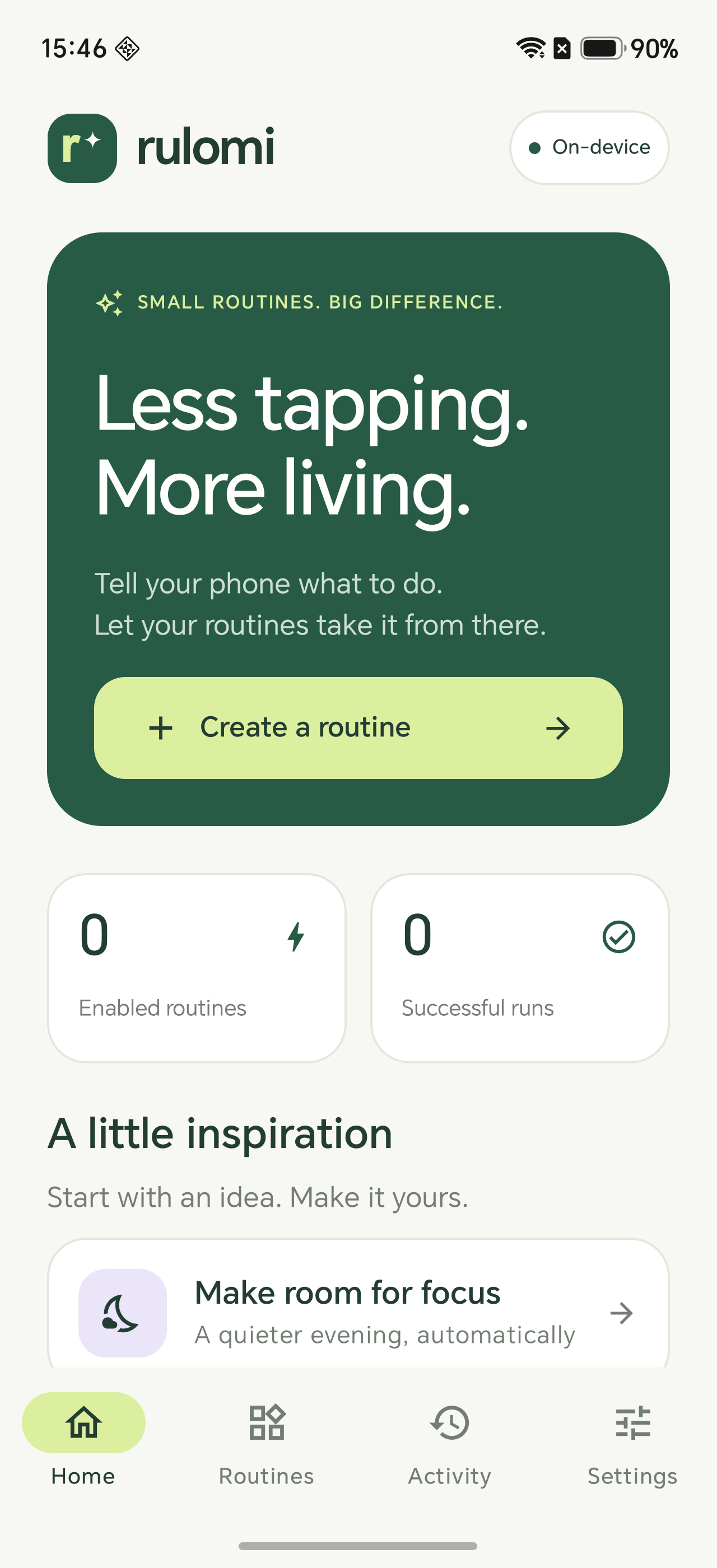 Home screen with enabled routine and successful run counters
